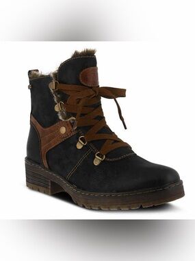 Women's Spring Step Micah Black and Brown Lace-Up Fur-Trim Ankle Boots